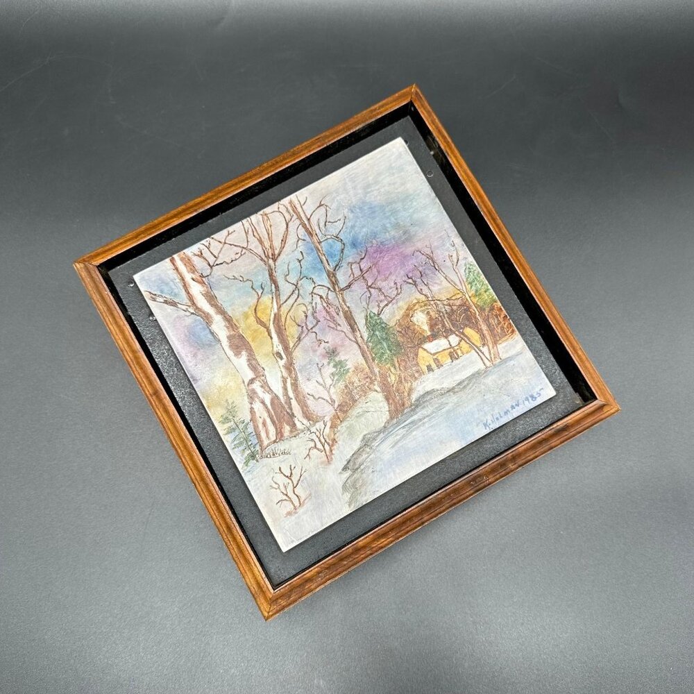 Vintage Hand Painted Tile Box Winter Scene Folk Art Wall Hanging Key Holder 80s